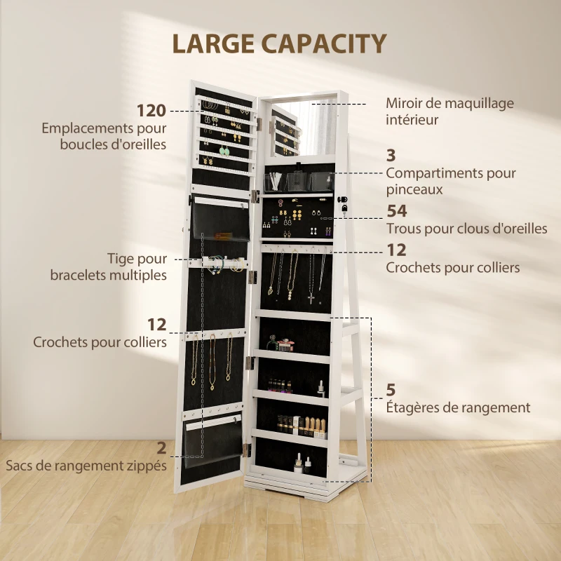 HOMCOM Armoire à Bijoux pivotante verrouillable boîte à bijoux avec Miroir - Armoire Bijoux Multi-Rangement - en Bois Blanc