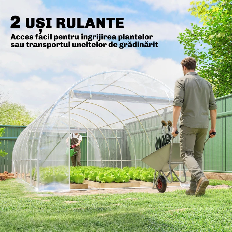 Outsunny Seră de Grădină Tip Tunel 3x6x2 m cu 2 Uși Rulabile, Cadru din Oțel și Acoperire din PE, pentru Legume, Fructe, Flori, Anti-UV, Transparentă