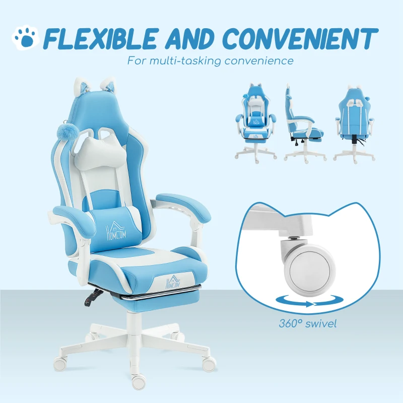 HOMCOM Scaun de gaming reclinabil cu suport pentru picioare și perne, 65x62x124 cm, alb și albastru