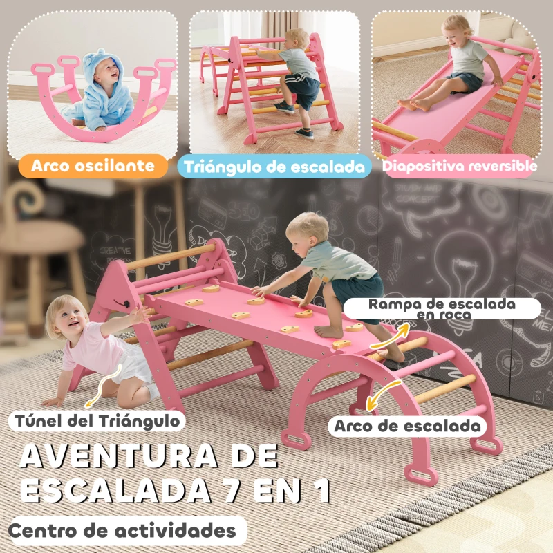 AIYAPLAY 7 en 1 Triángulo de Escalada Montessori de Madera Plegable con Arco y Rampa para Niños de 18-48 Meses 188x70 cm Rosa