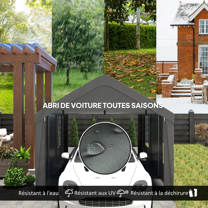 Outsunny Carport tente de garage 3 x 6 m avec parois latérales amovibles, 2 portes enroulables et 4 fenêtres, gris foncé