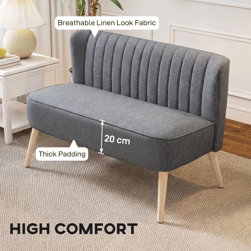 HOMCOM Modern Double Seat Sofa Loveseat Couch 2 Seater Compact Sofa Padded Linen Wood Leg Grey