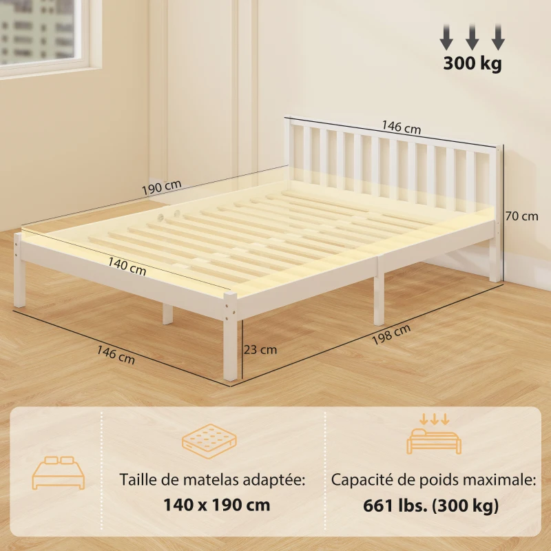 HOMCOM Cadre de lit en bois massif 140x190 cm lit simple avec tête de lit et sommier à lattes solide pour enfants adultes