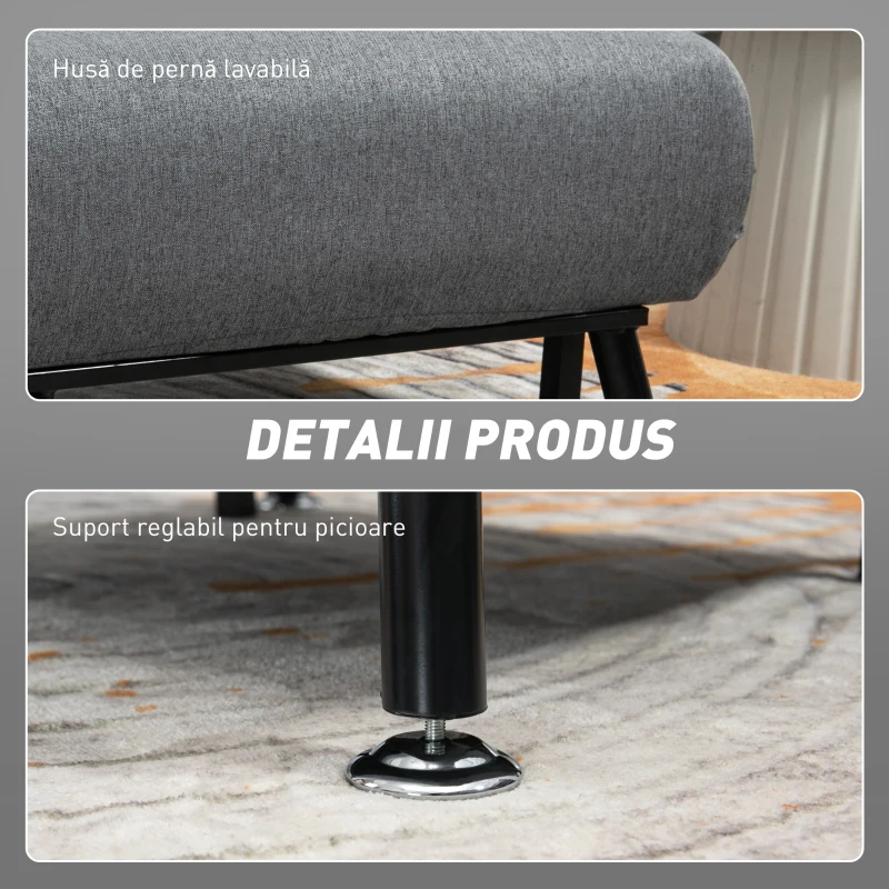HOMCOM Fotoliu extensibil cu spătar ajustabil în 5 poziții, țesătură cu efect de in și oțel, 75x70x75 cm, Gri