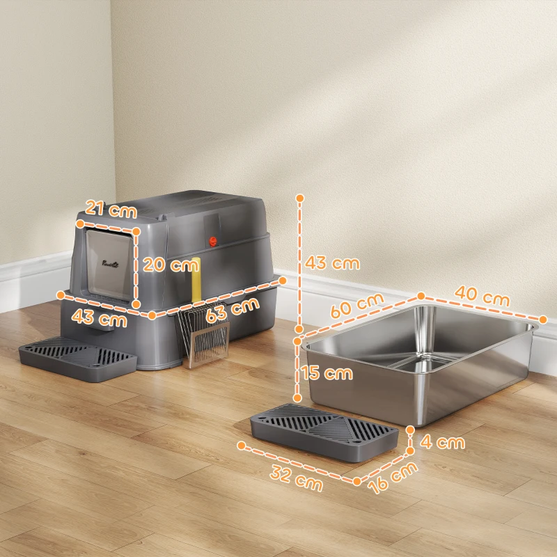 PawHut Litieră Închisă de 80L pentru Pisici cu Tavă Detașabilă, în ABS și Oțel Inoxidabil, 63x43x43 cm, Gri Închis