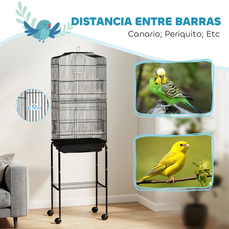 PawHut Jaula para Pájaros con Soporte Jaula Metálica con Ruedas Bandeja Extraíble y Estante 46,5x36x157 cm Negro