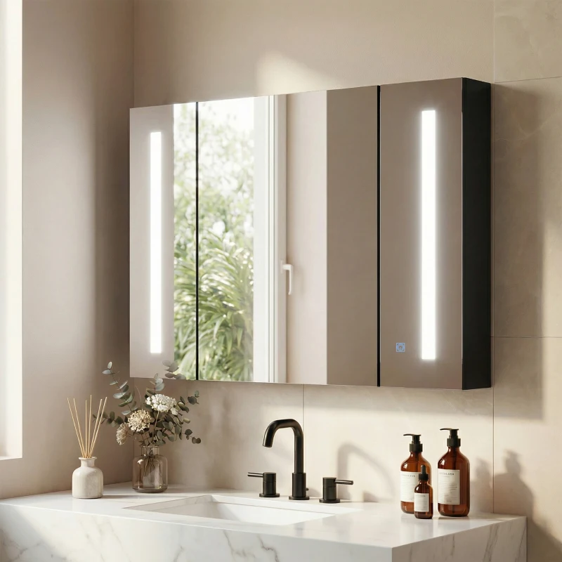 kleankin Armadietto con Specchio da Bagno a Parete in MDF con 3 Armadietti, 3 Ripiani e Luce LED, 90x15x65 cm, Nero