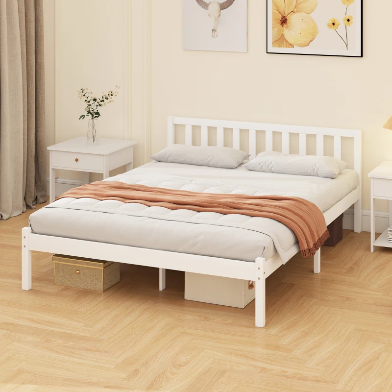 HOMCOM Cadre de lit en bois massif 140x190 cm lit simple avec tête de lit et sommier à lattes solide pour enfants adultes