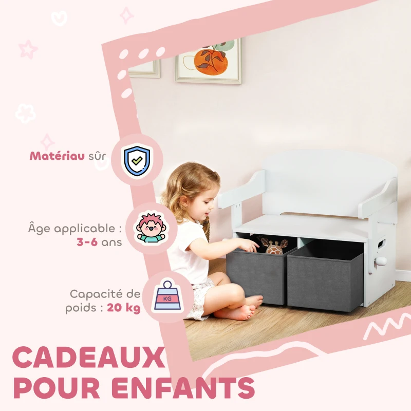 AIYAPLAY Coffre à jouet enfant 3 en 1, ensemble table et chaises avec 2 bacs en tissu amovibles, 67,5 x 46,5 x 56,7 cm, blanc