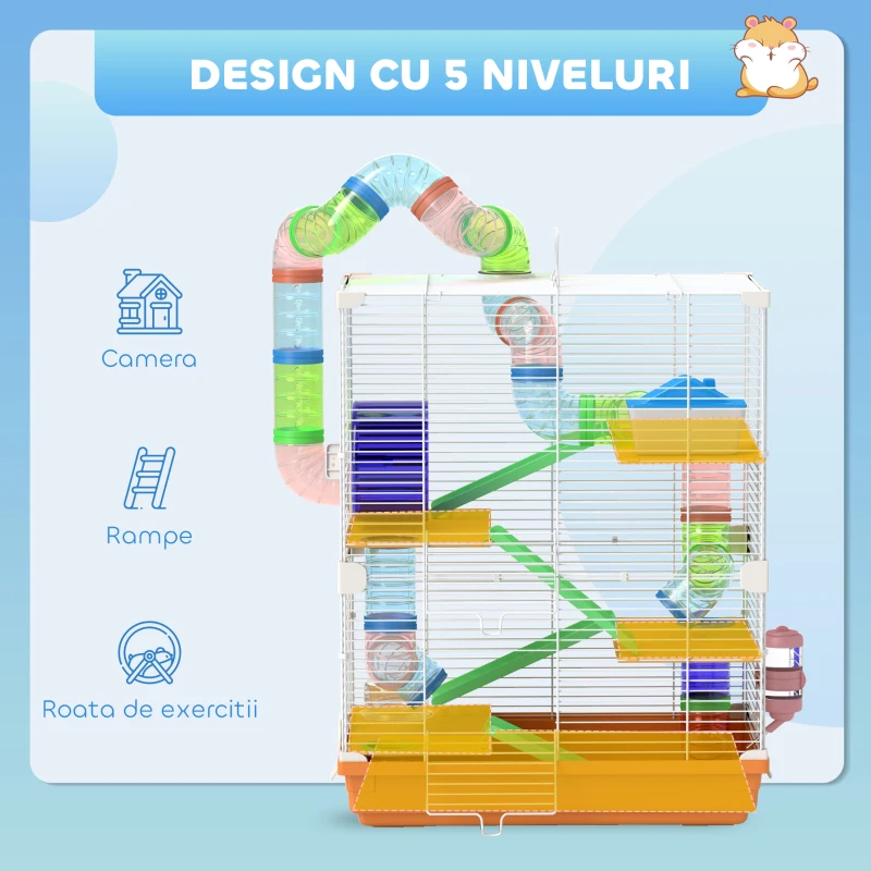 PawHut Cușcă pentru Hamsteri pe 5 Nivele cu Tuburi și Roată din Metal și Plastic Albastru