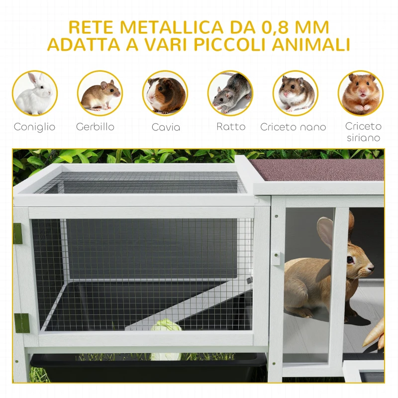 PawHut Conigliera da Esterno con Casetta, Area di Corsa e Vassoio, in Legno, Metallo e PET, 105x57.5x51.5 cm, Grigio