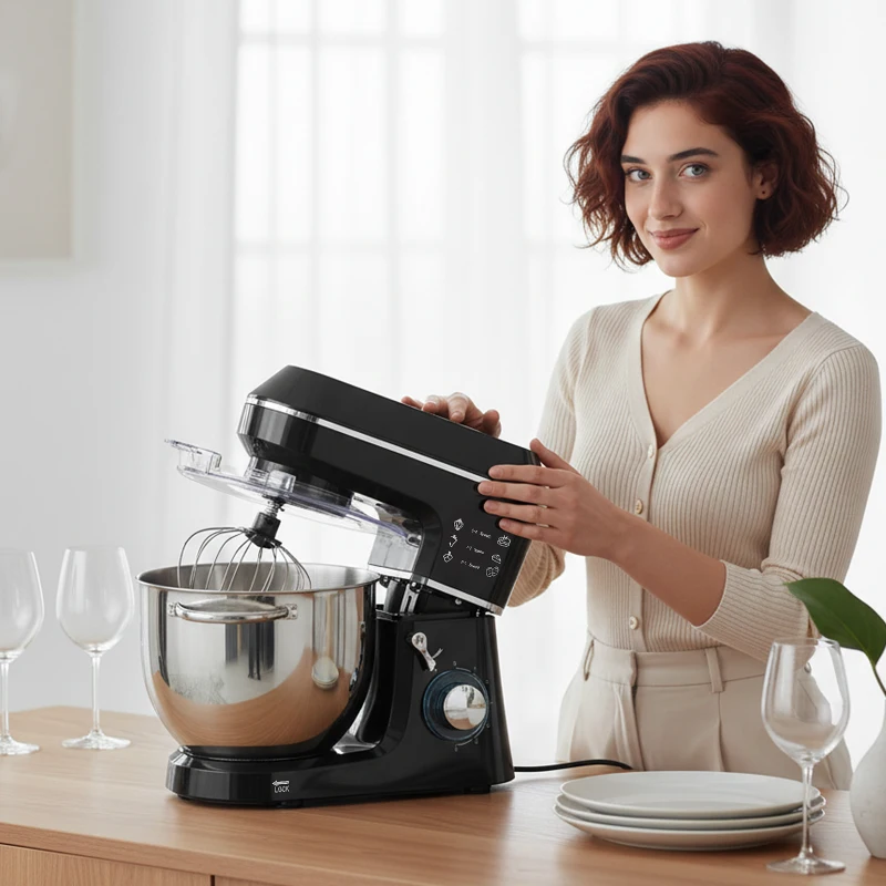 HOMCOM Mixer Planetar cu Bol Inox 7L, 1400W 6 Viteze Pulse, Cap Înclinat, Mixer Profesional Antiderapant cu Cârlig pentru Aluat, Tel, Batător, Capac și Accesorii