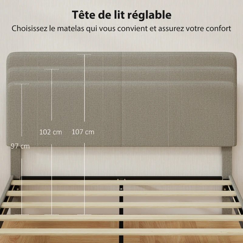HOMCOM Cadre de lit 160 x 200 cm, sommier à lattes en bois, tête de lit réglable, lit double rembourré en velours côtelé, gris