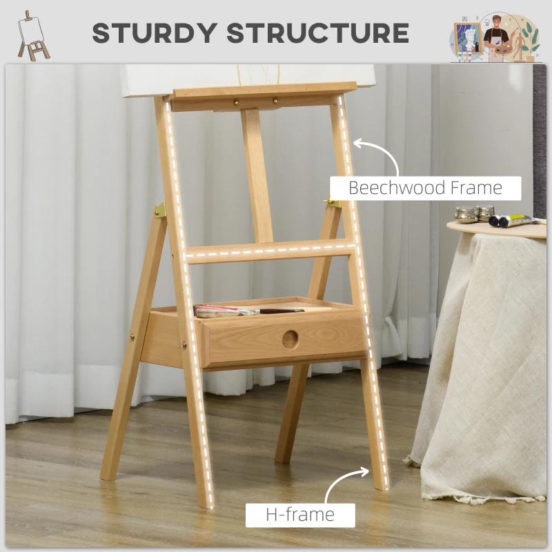 Vinsetto Șevalet de Pictură Reglabil cu Sertar Inferior, Șevalet din Lemn de Fag, 43,5x43x150-190 cm, Culoare Lemn