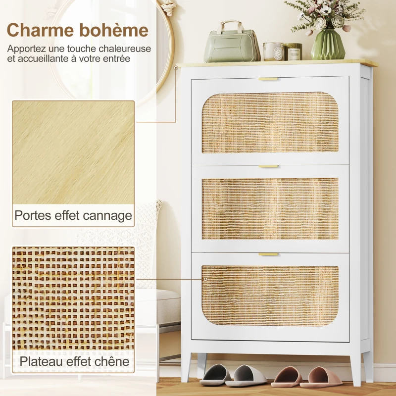 HOMCOM Meuble à chaussures 21 paires bohème avec 3 tiroirs rabattables, portes effet cannage rotin, 80 x 24 x 131 cm, blanc