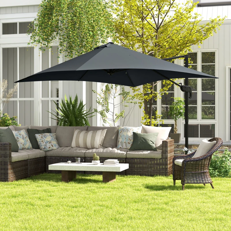 Outsunny Parasol déporté carré inclinable pivotant 360° manivelle piètement - aluminium dim. 3L x 3l x 2,6H m gris foncé