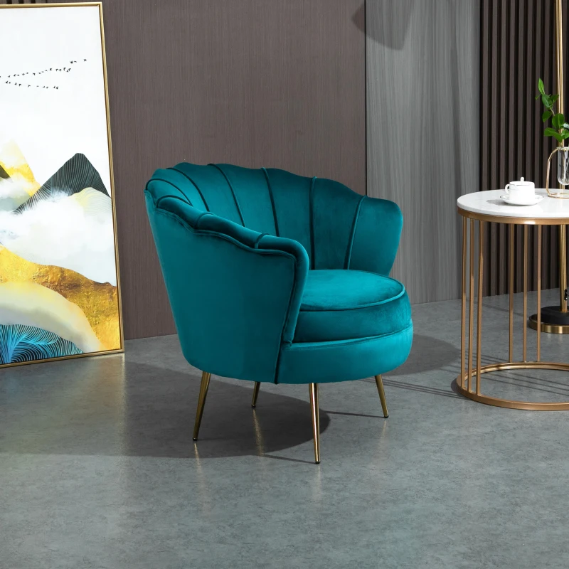 HOMCOM Fauteuil Coquillage Fauteuil Design dim. 79L x 77l x 77H cm Pieds dorés effilés Velours Bleu