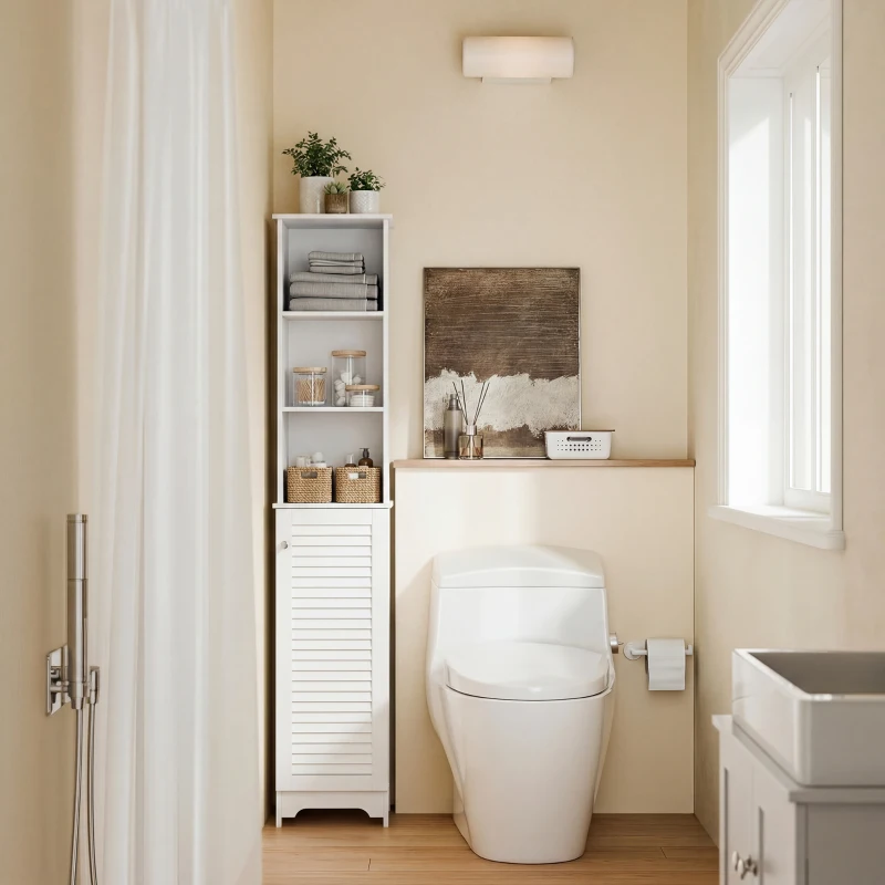 HOMCOM Meuble Colonne Salle de Bain 3 niches Placard Porte persienne 3 étagères MDF Panneaux de Particules Blanc