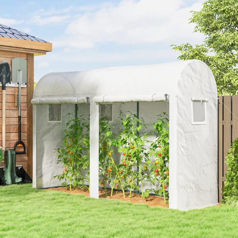 Outsunny Garten-Gewächshaus, Kleines Balkon-Gewächshaus mit PE-Plane Stahlrahmen, Aufrollbare Türen und Fenster 300 x 100 x 200 cm weiß