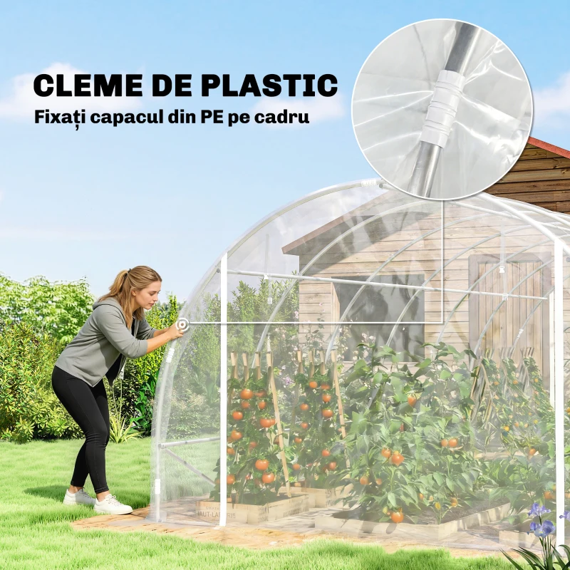 Outsunny Seră de Grădină Tip Tunel 3x6x2 m cu 2 Uși Rulabile, Cadru din Oțel și Acoperire din PE, pentru Legume, Fructe, Flori, Anti-UV, Transparentă