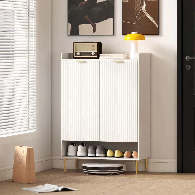 HOMCOM Scarpiera Salvaspazio per 24 Paia di Scarpe con 2 Ante, 3 Ripiani Estraibili e Mensola Inferiore, Bianco