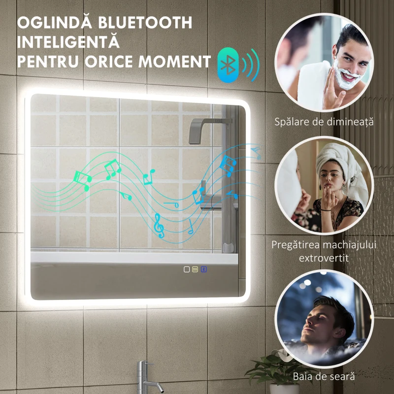 HOMCOM Oglindă de baie LED bluetooth 70 x 90 cm interruptor tactil lumină reglabilă 3 culori anti-abur memorie argintiu