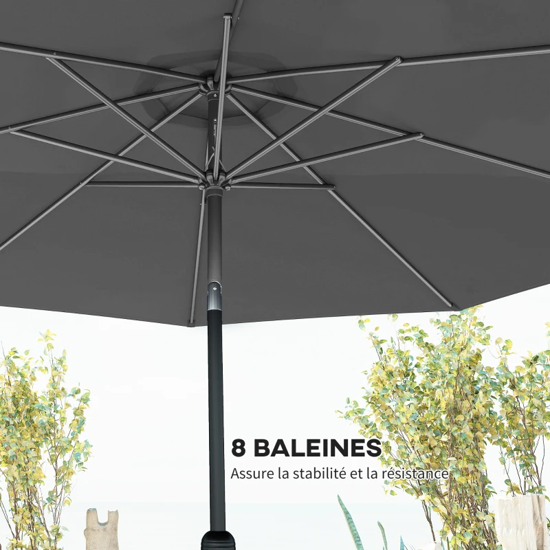 Outsunny Parasol de jardin extérieur Parasol droit inclinable Ø 3 m en métal Rond Polyester 180g/m² manivelle inclinable Gris