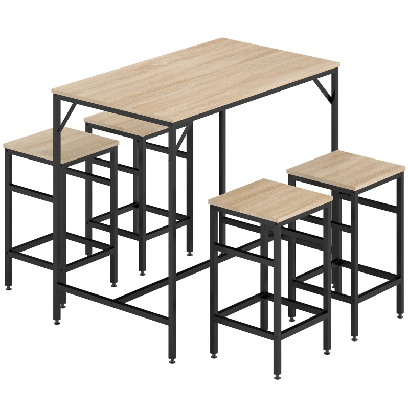 HOMCOM Ensemble Table de Bar Industriel + 4 tabourets Repose-Pieds en Bois couleur Chêne Clair Cadre en métal Noir
