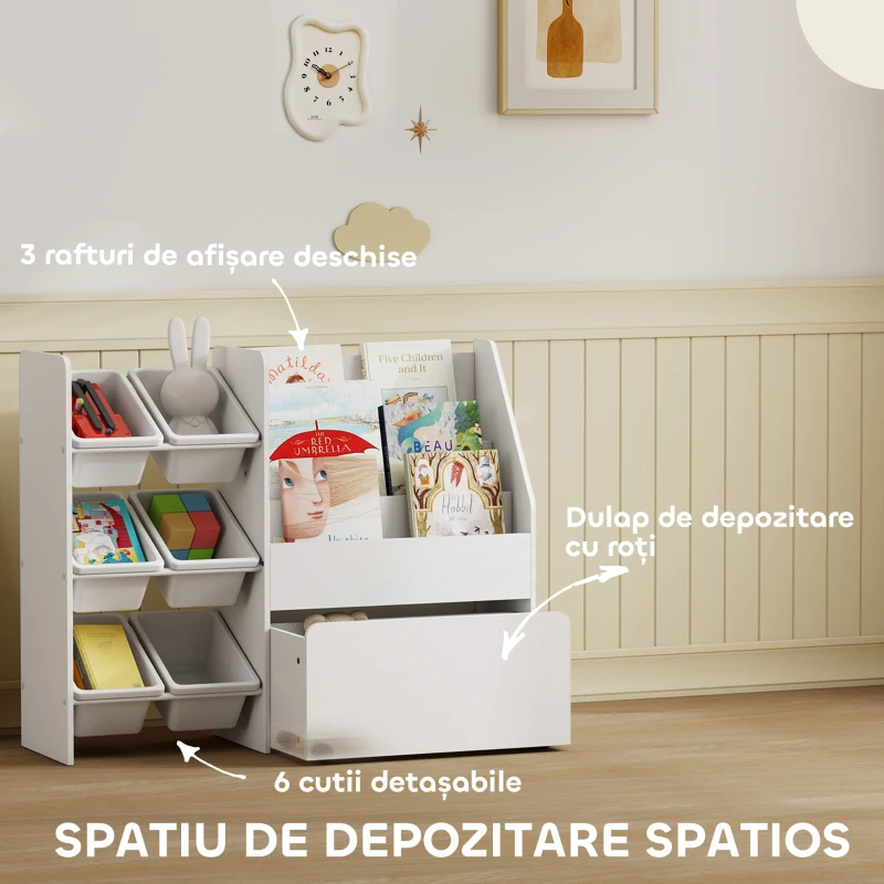AIYAPLAY Raft pentru jucării cu 6 coșuri, 3 rafturi, din lemn, plastic și oțel, 100x30x80 cm, alb