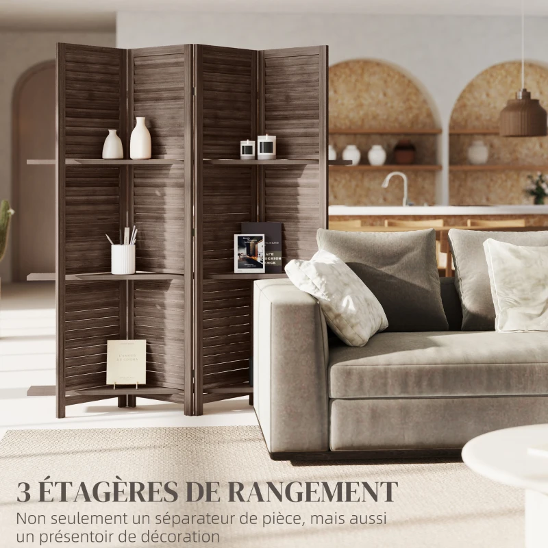 HOMCOM Paravent intérieur en bois 4 panneaux 160 x 170 cm, séparateur de pièce pliable avec 3 étagères, noyer