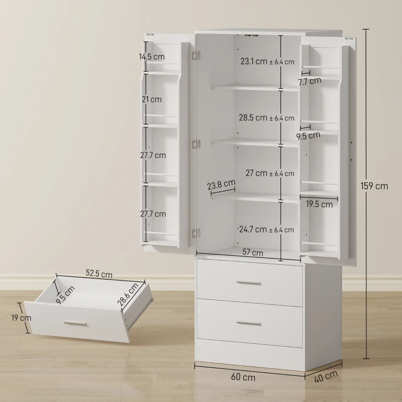 HOMCOM Dulap de Bucătărie cu 8 Rafturi pentru Condimente și 2 Sertare, 60x40x159 cm, Alb