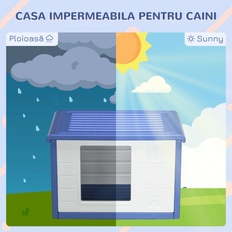 PawHut Cușcă Ridicată pentru Câini de Talie Mică cu Intrare și 2 Deschideri Laterale, Cușcă de Exterior Antiderapantă din Polietilenă, Ușor de Curățat, 60x42x40 cm, Albastru și Alb