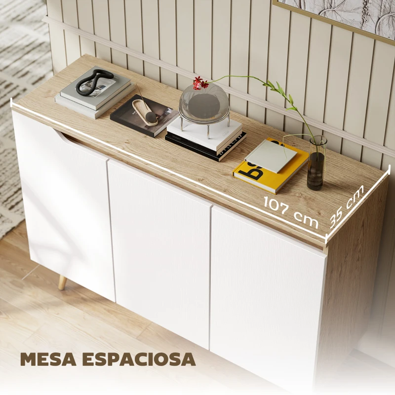 HOMCOM Aparador de Salón con 3 Puertas Estantes Ajustables Patas de Madera para Cocina Entrada 107x35x76,5 cm Roble y Blanco