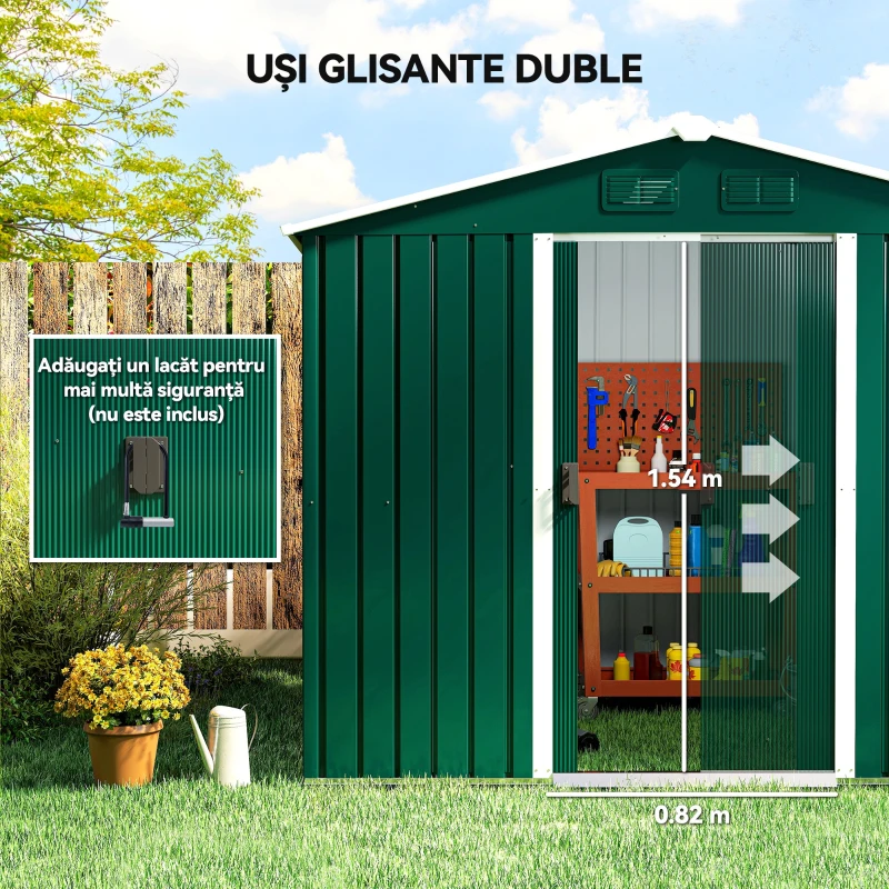 Outsunny Magazie de Grădină 3.6m² din Oțel, cu 2 Uși Glisante și 4 Ferestre de Ventilație, 236x174x190 cm, Verde