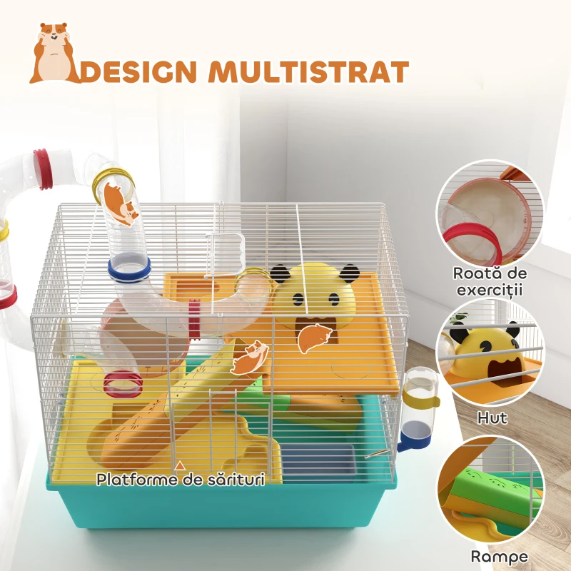 PawHut Cușcă pentru Hamsteri cu Roată, Căsuță, Bol, Rampe și Recipient Apă, Cușcă pentru Gerbili din Oțel, PS și PP, 45x28x37 cm, Alb și Albastru