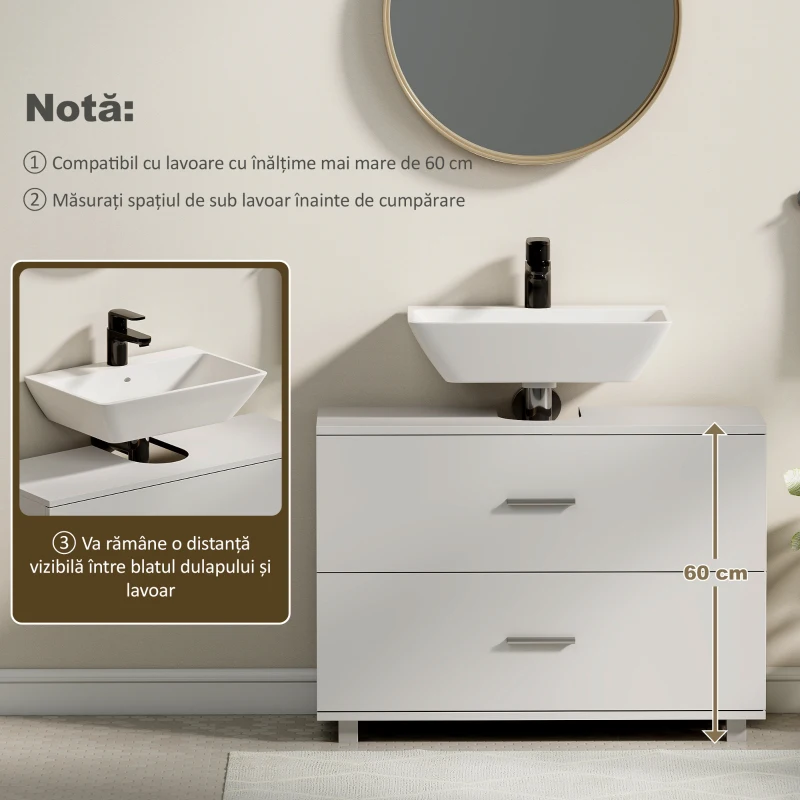 HOMCOM Dulap Sub Lavoar pentru Baie cu 2 Sertare, Dulap Modern și Economisitor de Spațiu pentru Lavoare Fără Piedestal, 80x30x60 cm, Alb