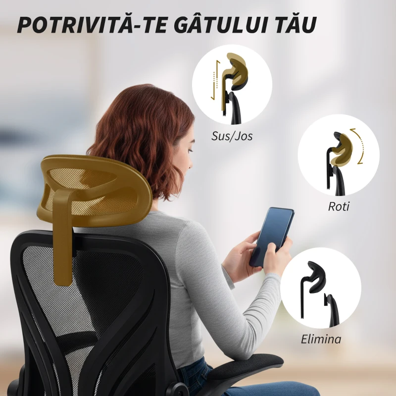 HOMCOM Scaun de Birou Ergonomic cu Brațe Rabatabile și Spătar Pliabil, Scaun pentru Birou cu Funcție de Balansare, Tetieră Reglabilă, Rotativ, Negru