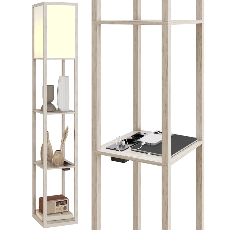 HOMCOM Lampă de Podea LED cu Rafturi, Lampă Modernă cu Comutator cu Pedală și Porturi USB, Temperatură Reglabilă a Luminii pentru Living și Dormitor, Alb și Stejar