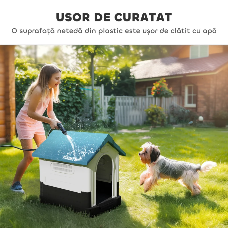 PawHut Cușcă pentru Câini de Exterior din Plastic, Căsuță pentru Câini Mici cu Ferestre, Acoperiș Înclinat și Bază Ridicată, 64,5 x 57 x 66 cm, Albastru