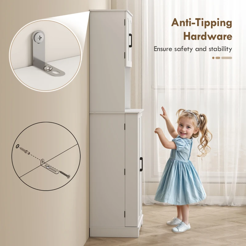 HOMCOM Dulap de bucătărie înalt, stil country, cu 2 dulapuri și 8 suporturi pentru condimente, 60x40x181.5 cm, alb