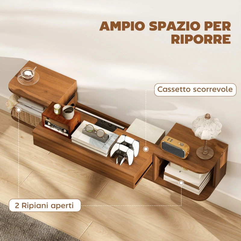 HOMCOM Mobile Porta TV fino 50" Sospeso con Prese di Corrente, USB e Tipo C, Cassetto e Ripiani, 120x24x22.4 cm, Noce