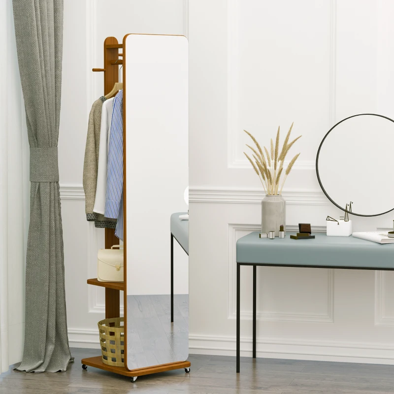 HOMCOM Miroir sur Pied avec roulettes - Portant, 4 patères étagère MDF Aspect Noyer