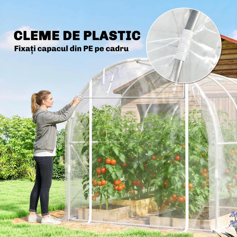 Outsunny Seră de Grădină Tip Tunel 2x3x2 m cu 2 Uși Rulabile, Seră pentru Legume, Flori și Fructe, cu 4 Bare Diagonale, Cadru din Oțel și Acoperiș PE, Transparentă