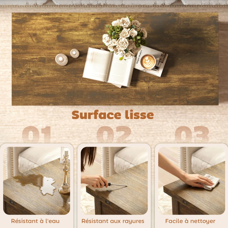 HOMCOM Table basse relevable et extensible table de salon avec compartiment caché étagère ouverte 100x45x50,5cm brun rustique(m-7)