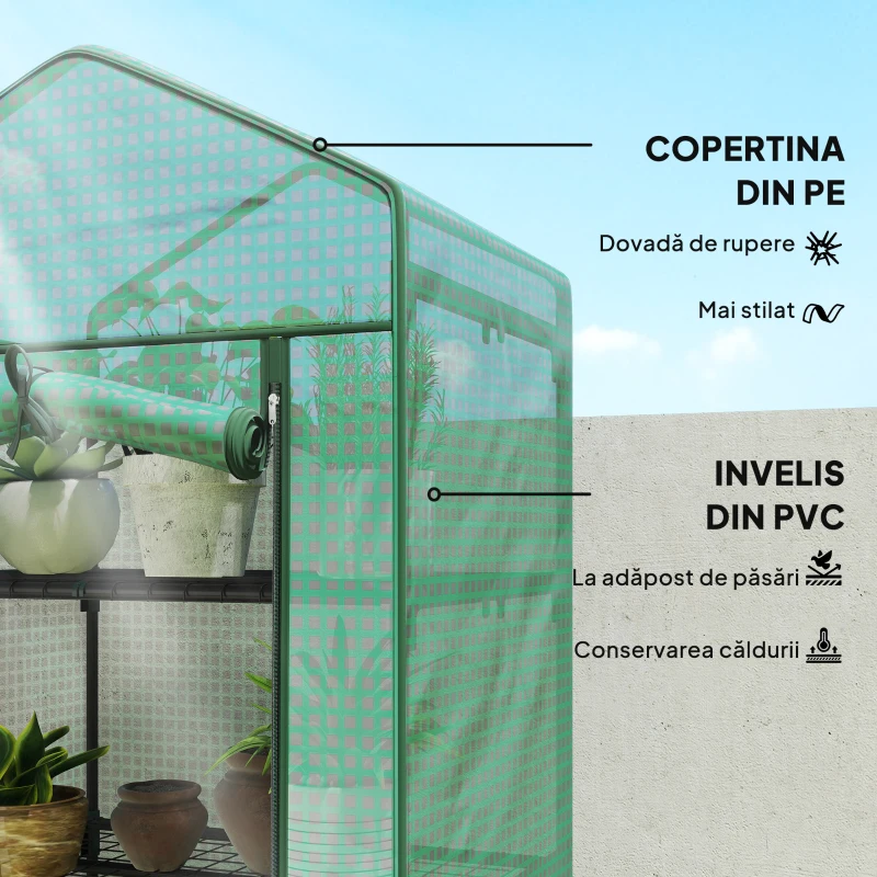 Outsunny Seră de grădină balcon etajere seră 5 niveluri 0,69 x 0,49 x 1,93 m oțel folie rulabilă PE verde
