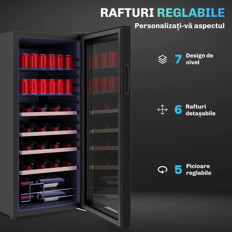 HOMCOM Răcitor de Vinuri de 92L pentru 20 Sticle, Răcitor Silențios cu Temperatură Reglabilă 5-18℃, Ușă Anti UV, Rafturi Ajustabile, Compresor, Display LED, Clasa G