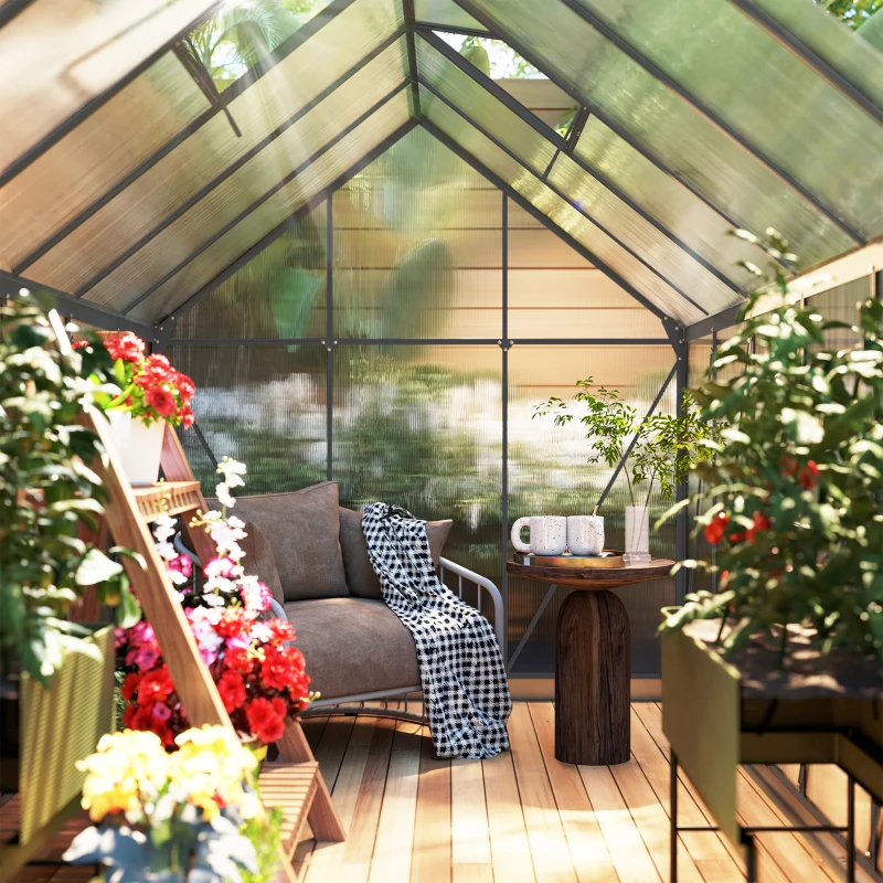 Outsunny Serre de jardin en aluminium polycarbonate avec fondation, serre avec fenêtre réglable porte coulissante 190x375x199cm