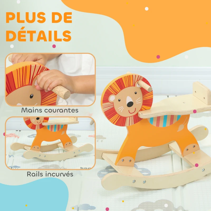 AIYAPLAY Cheval à bascule pour enfants, lion jouet à bascule bébé en bois avec guidon et base stable, 59 x 27 x 43 cm, orange