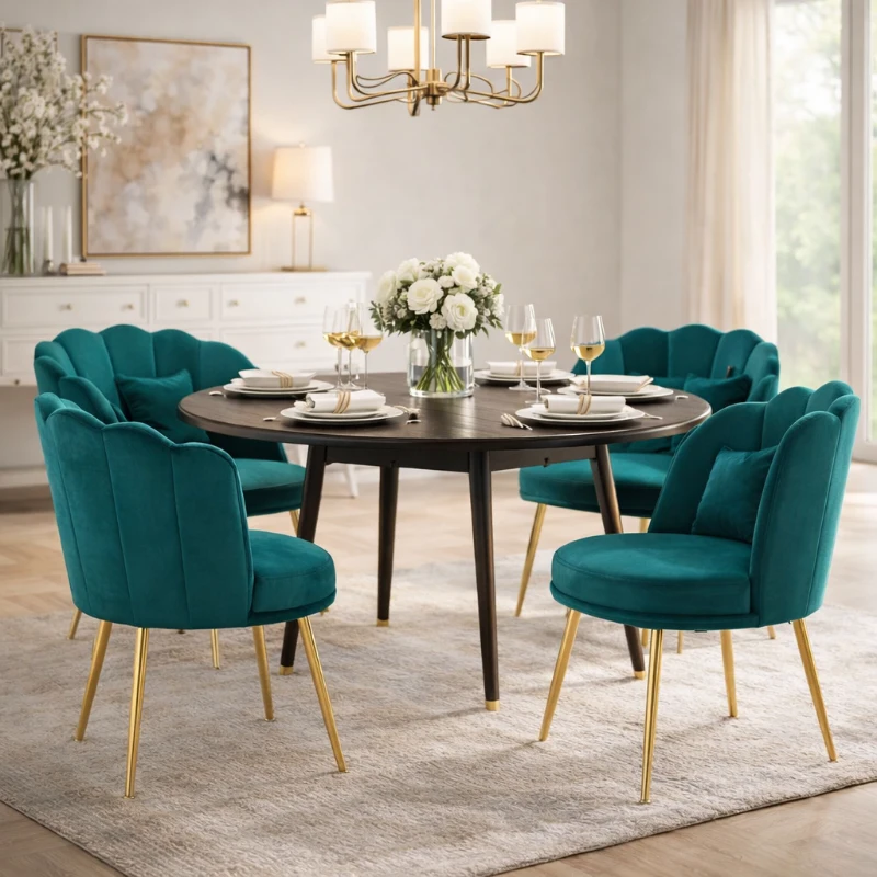 Moderner Design-Sessel in Samtoptik fürs Esszimmer mit Blütenblatt-Rückenlehne und vergoldeten Metallbeinen, Schmetterlingskissen, 63x58x77 cm, Grün