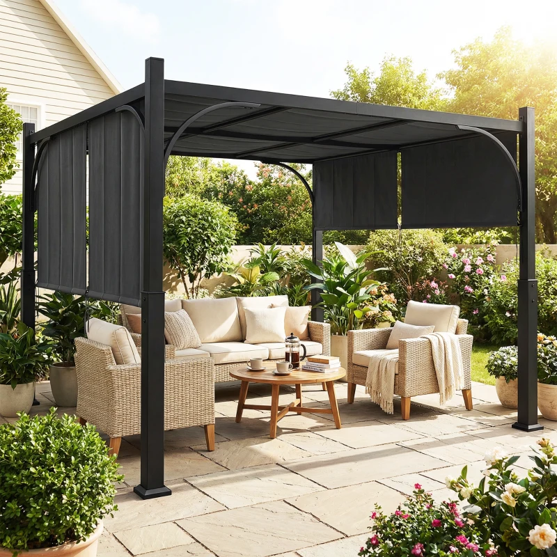 Outsunny Pergola de jardin 3 x 3 m tonnelle de jardin avec Auvent coulissant, structure métallique, pour extérieur, Gris Foncé